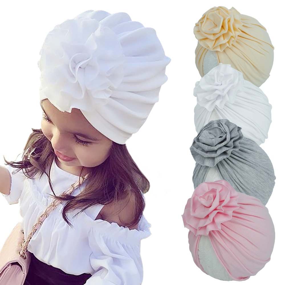 Yundfly New Toddler Girls Cotton Rosette India Hat Baby Soft Knotted Flower Turban Beanie Newborn Flower Hat