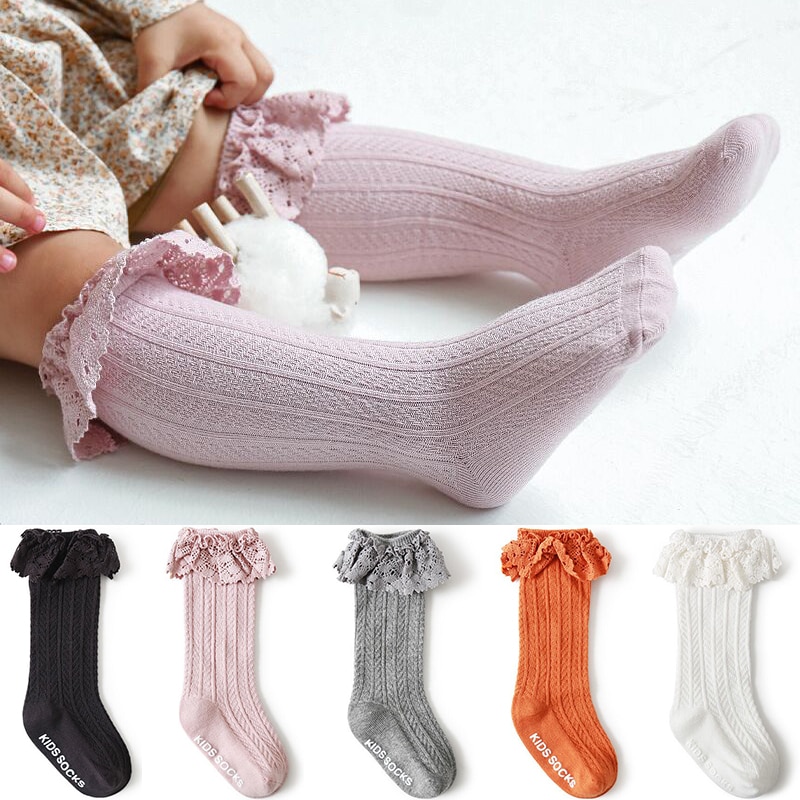 0-3Years Baby Frilly Socks With Lace Toddlers Girls Long Sock Knee Hight Soft Cotton Children Socks Girls Princess Socks
