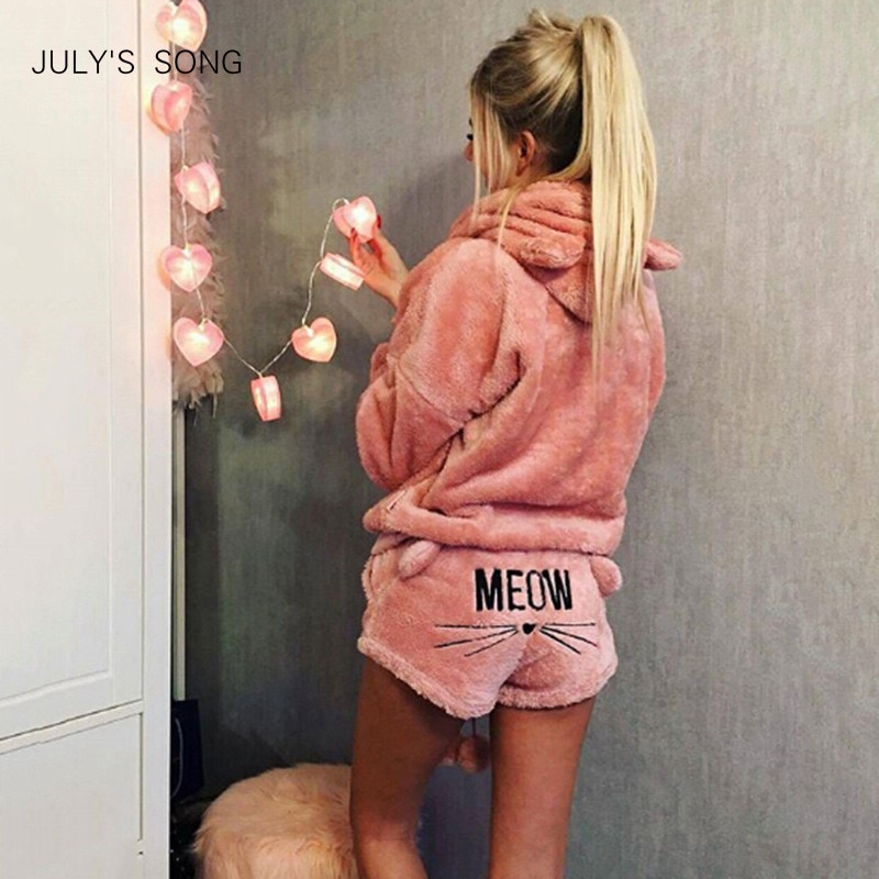 JULY'S SONG Fashion Autumn Winter Women Pajama Sets Flannel Cartoon Warm Pyjamas Animal Sleepwear Cat Cute Girls Shorts Hom