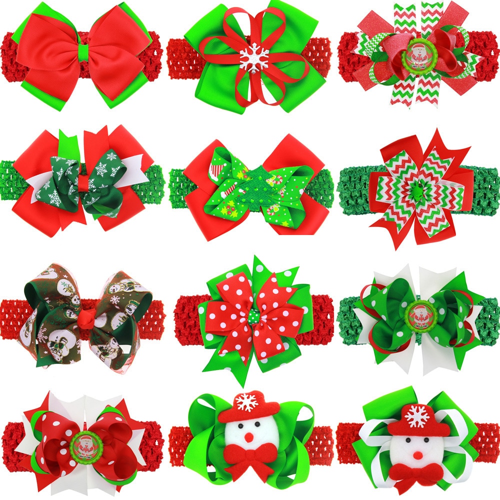 Yundfly New Baby Girls Christmas Bowknot Headband with Clip Newborn Crochet Bows Headwrap Hairpin Children Hair Accessories