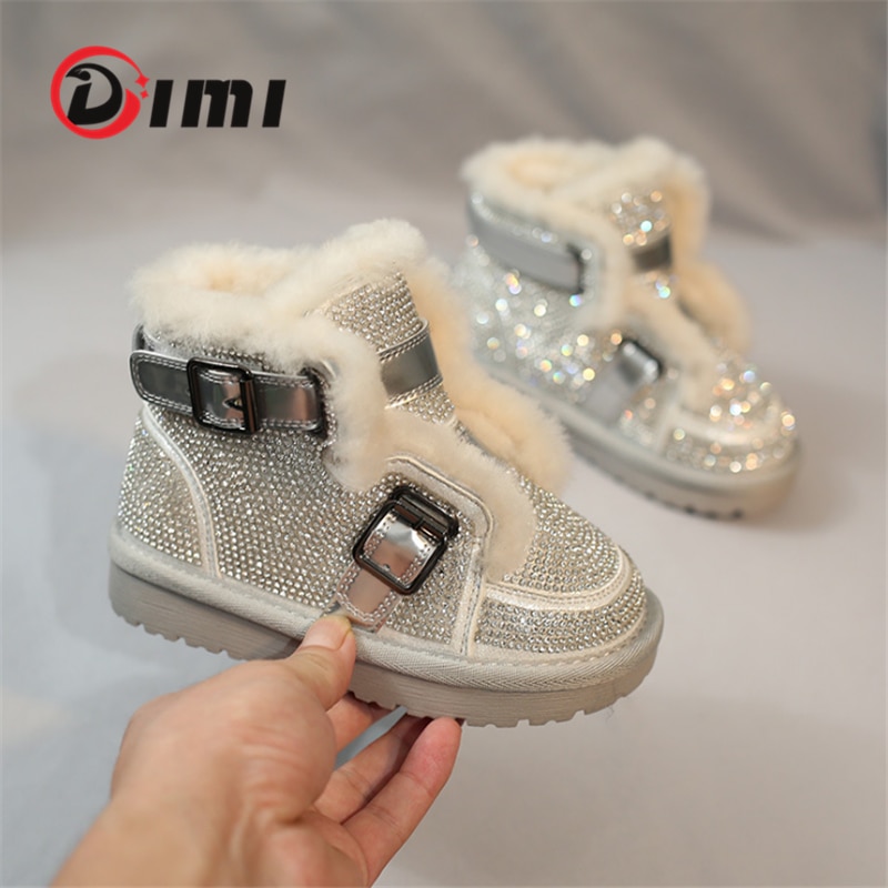 DIMI Winter New Girls Snow Boots Fashion Buckle Rhinestone Thick Non-Slip Plush Warm Children Boots Shoes T20-296