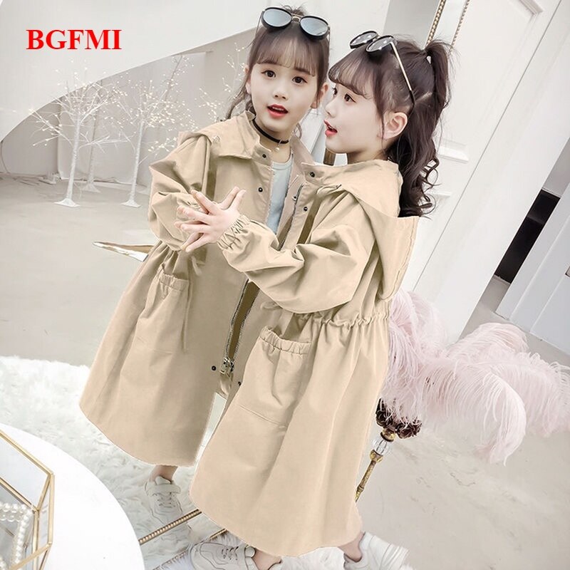 Fall Outdoors Kids Beige Trench Coat with Hat Hooded Fashion Double Breasted Long Windbreaker Thick Coat Green Outerwear Jacket