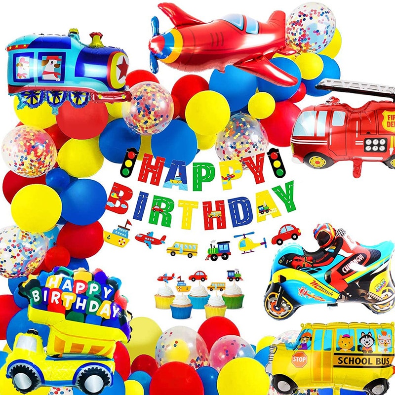 Geburtstag Dekoration für jungen Glücklich Geburtstag Banner Autos Schule Bus Zug Feuer Lkw Motorrad
