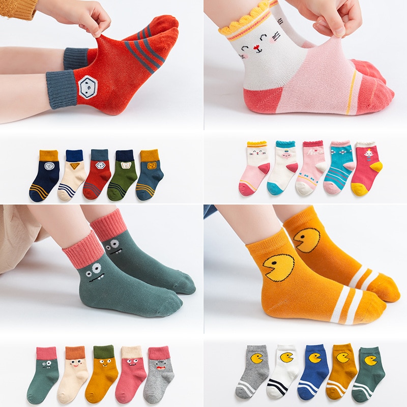 5 Pairs Cartoon Mix Color Socks Mid Tube Stockings Baby Socks Autumn Winter Warm Breathable Polyester Toddler Socks Kids Clothes