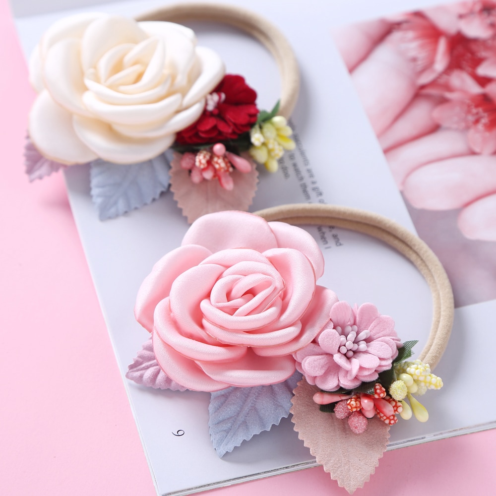 Baby Headband Artificial Flower Newborn Photo Props Pearl Girls Hair Accessories For Infant Thin Nylon Hairband Soft Head Bands