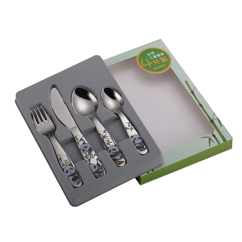 4 pieces/set baby spoon feeding fork knife cartoon panda cutlery set children's cutlery