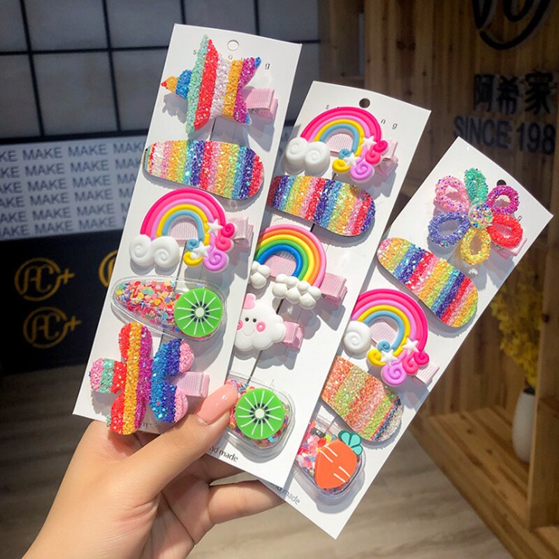 5pcs/set New Girls Cute Rainbow Star Flower Hairpins Children Sweet Hair Clips Barrette Hair Ornament Fashion Hair Accessories