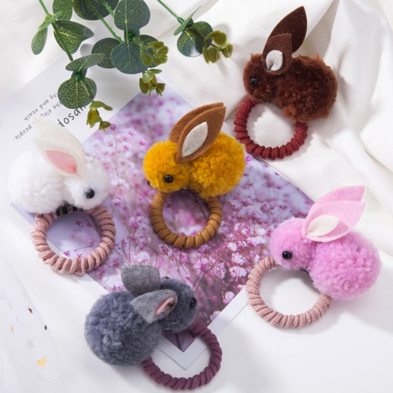 2pcs Cute Animal Rabbit Hair Ball Ring Female Rubber Band Elastic Hair Bands Korean Headwear Children Hair Accessories Ornaments