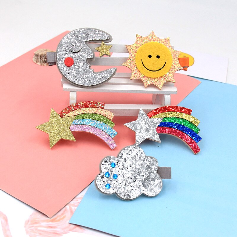 1pc New Korean Cute Girls Stereo Cartoon Hairpins Rainbow Sequins Moon Cloud Hair Clips Child Barrette Kids Hair Accessories