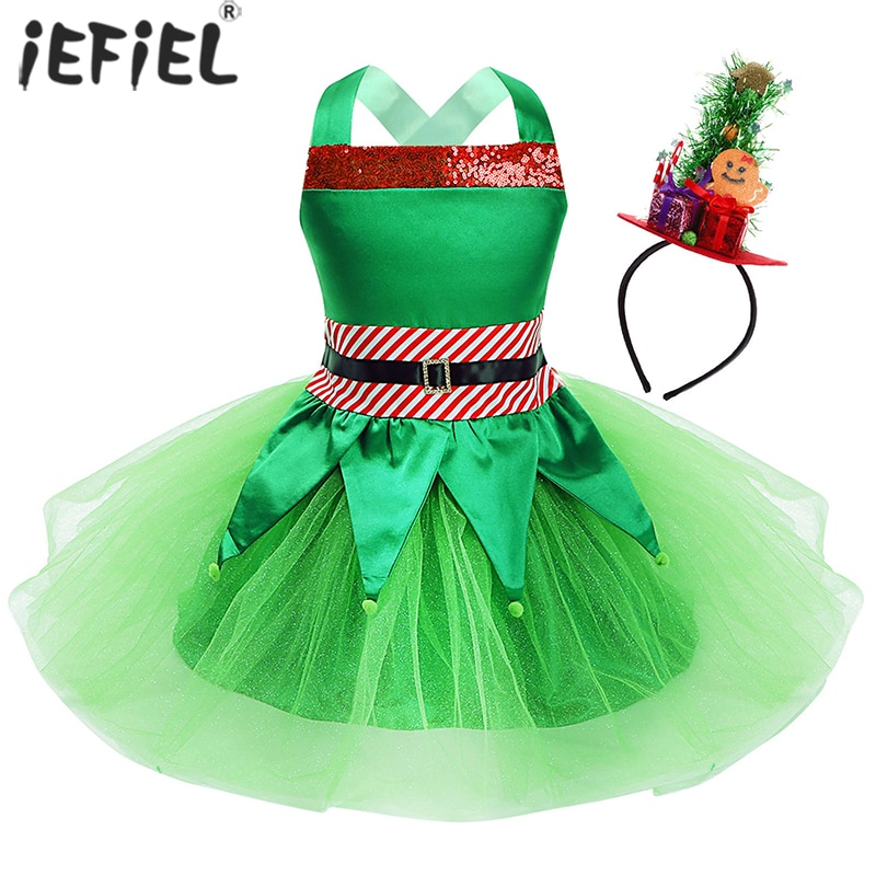 Kids Girls Christmas Xmas Elf Dress Costume Toddler Baby Mesh Tutu Dress Leotard Criss Cross Back Tops Skirt Hair Hoop Outfit