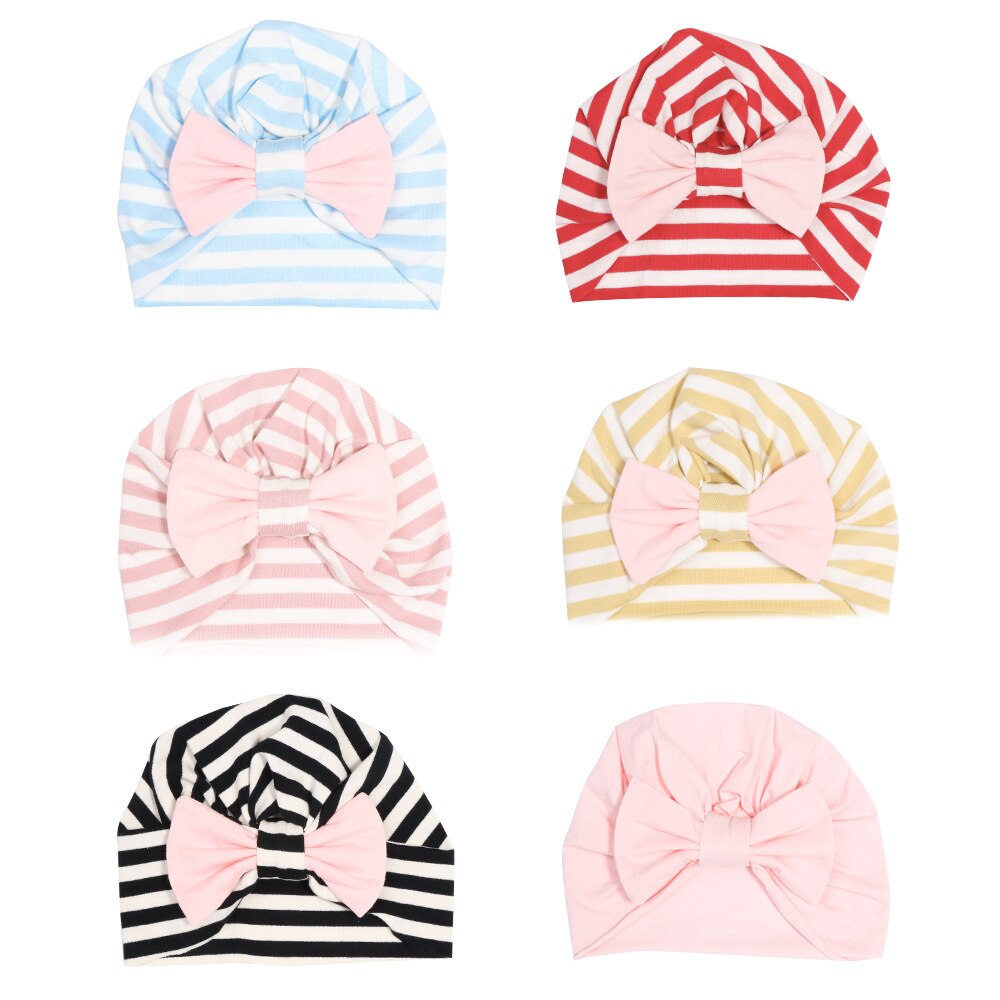 Yundfly Kawaii Soft Baby Girls Stripe Beanie Hat Newborn Removable Bowknots Turban Headwrap Children Knotted Bows Hat