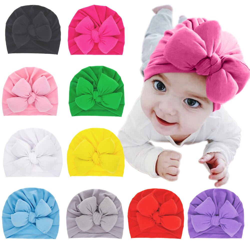 Yundfly Fashion Baby Girls Solid Double Knotted Bows Beanies Hat Toddler Bowknots Turban Headwrap Newborn Bows Cap