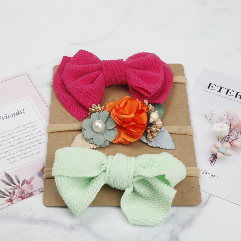 3pcs/lot Pearl Flower Chiffon Bows Baby Girl Elastic Headband Newborn Toddler Kids Khaki Nylon Headwear Hair Accessories Sets