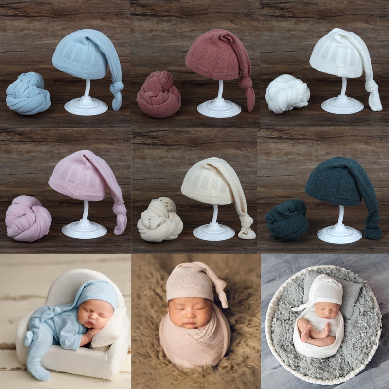 2 Pcs Newborn Photography Props Baby Receiving Blanket+Beanie Cap Set Infants Sleeping Swaddle Wrap Turban Hat