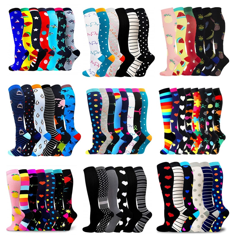 3/6/7 Pairs Compression Socks Women Men Knee High Sports Socks for Running Marathon Cycling Edema Diabetes Varicose Veins Socks