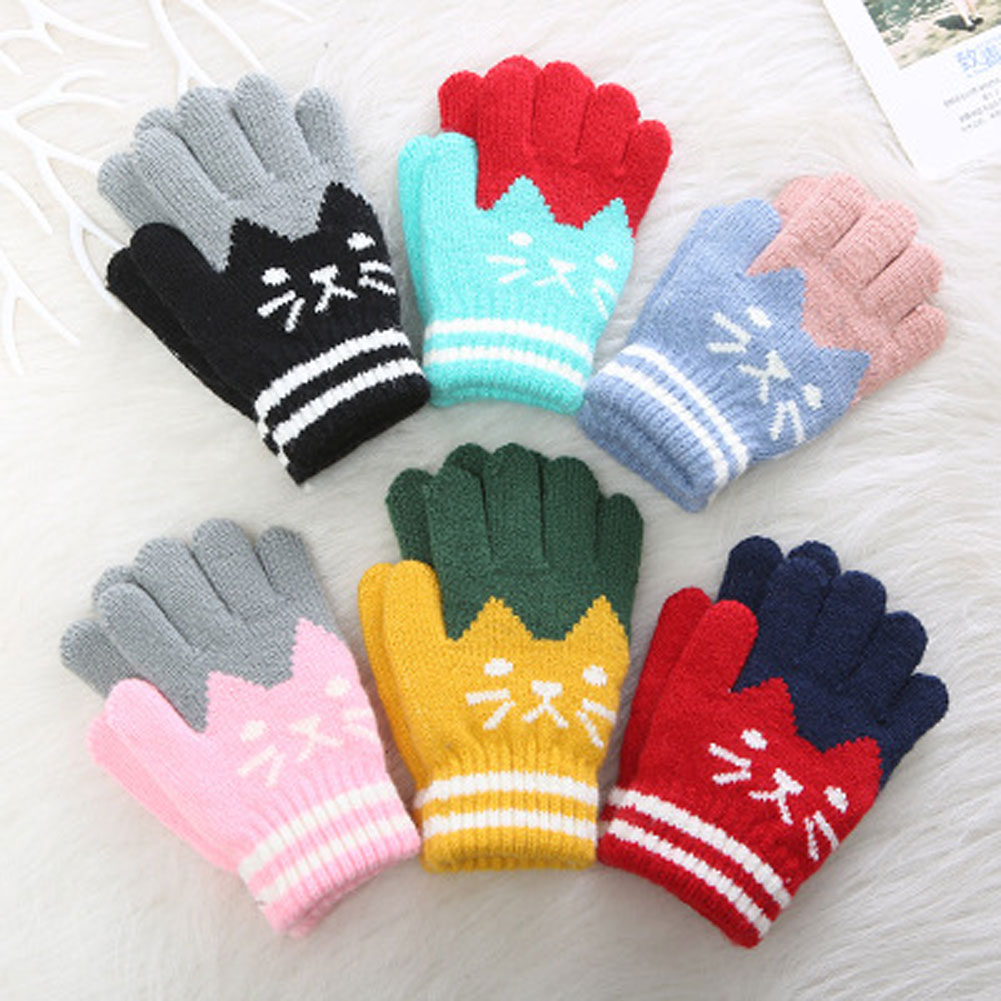 Cat Splice Mittens Winter Baby Boys Girls Warm Knitted Gloves Rope Full Finger Mittens Gloves for Children Toddler Kids