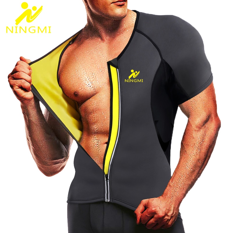 NINGMI Sport Shirt Body Shaper Slimming Waist Trainer Men Tank Top Neoprene Sauna Vest with Zipper Mesh Shapewear Warming Jacket