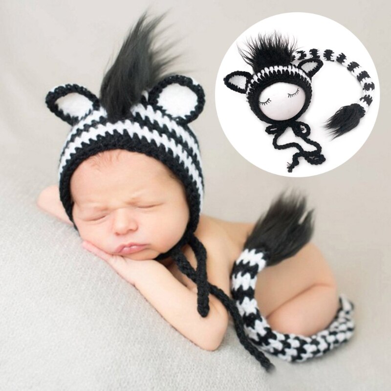 2 Pcs Baby Zebra Design Hat Tail Set Handmade Knitted Clothes Photo Shooting Outfits Newborn Photography Props Costumes