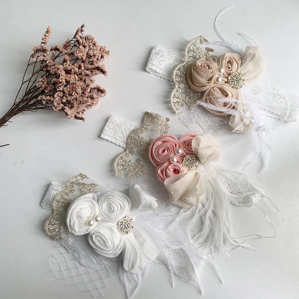 Satin Flower Feather Baby Headband White Lace Rhinestone Pearl Princess Girls Hair Band Vintage Fashion Newborn Accessories
