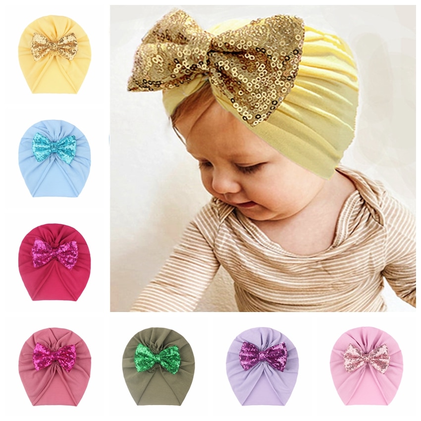 New Baby Girls Bow Caps Newborn Cute Glitter Sequins Big Bowknot Hats Kids Soft Cotton Bonnet Photo Props Christmas Gifts
