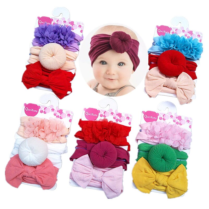 Fashion 3pcs/lot Soft Donut Baby Girl Headband Chiffon Floral Newborn Hair Band Child Toddler Headwear Set Birthday Gift