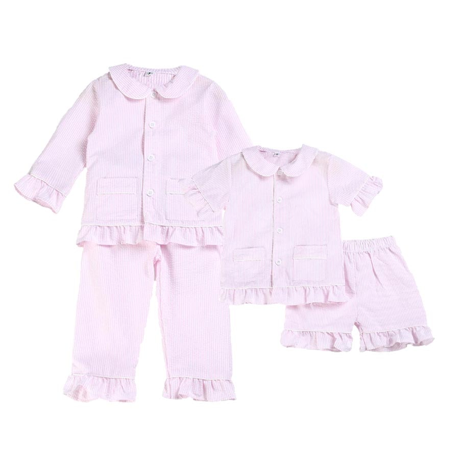 100%cotton seersucker two pieces spring summer pink ruffle button kids pyjamas boys and girls pajamas sets