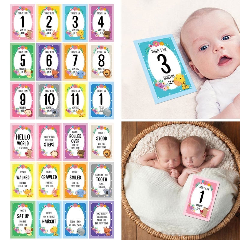 12 Pcs Month Card Baby Monthly Newborn Milestone Photo Sharing Cards Gift Set Funny Cartoon Photography Photo Cards D0AF