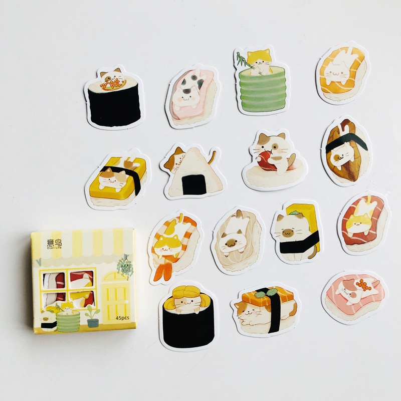 45 pcs /Pack Kawaii Cat Love Sushi Food Paper Decorative Stickers Stick Label