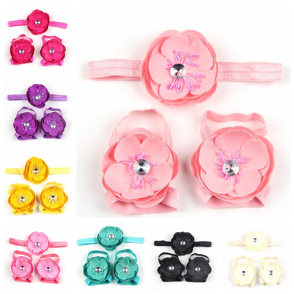 New Solid Color Flower Infant Barefoot Sandals Toddle Child Elastic Headband Baby Girl Kids DIY Headwear Set Birthday Gift