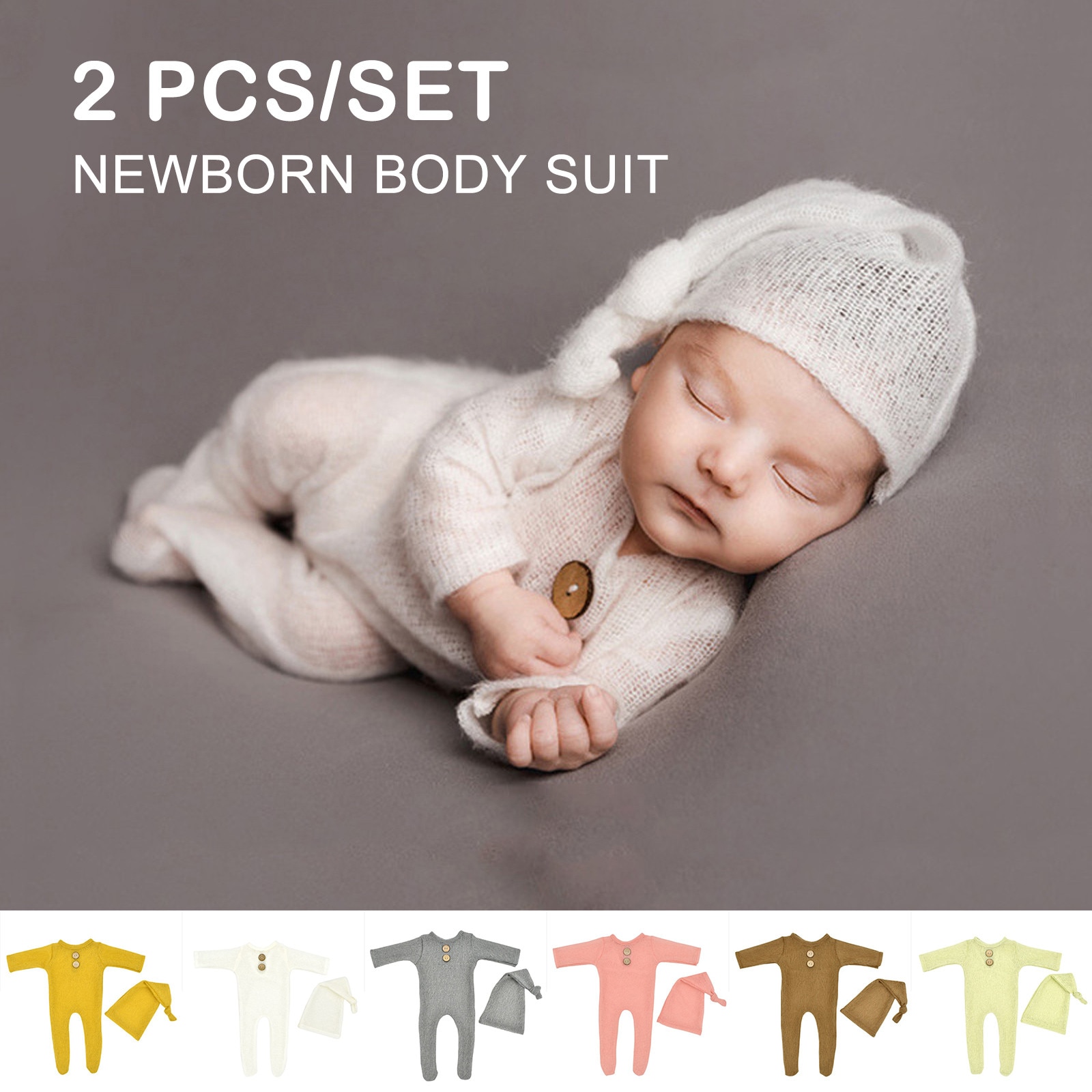 0M-3M Newborns Photography Props Foot Knitted One-piece Button Solid Colors Long Tail Knotted Cap Two-piece Photographic Costume