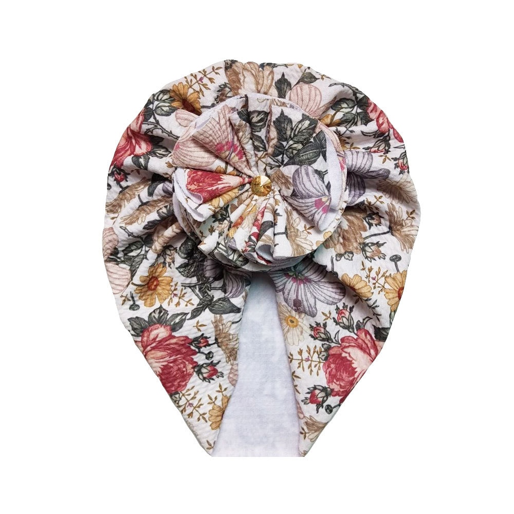 Fashion Baby Girls Pleated Flower Hat with Printted Dot Kids Newborn Cap Toddler Turband Beanie Bonnet Kids Hair Accessories