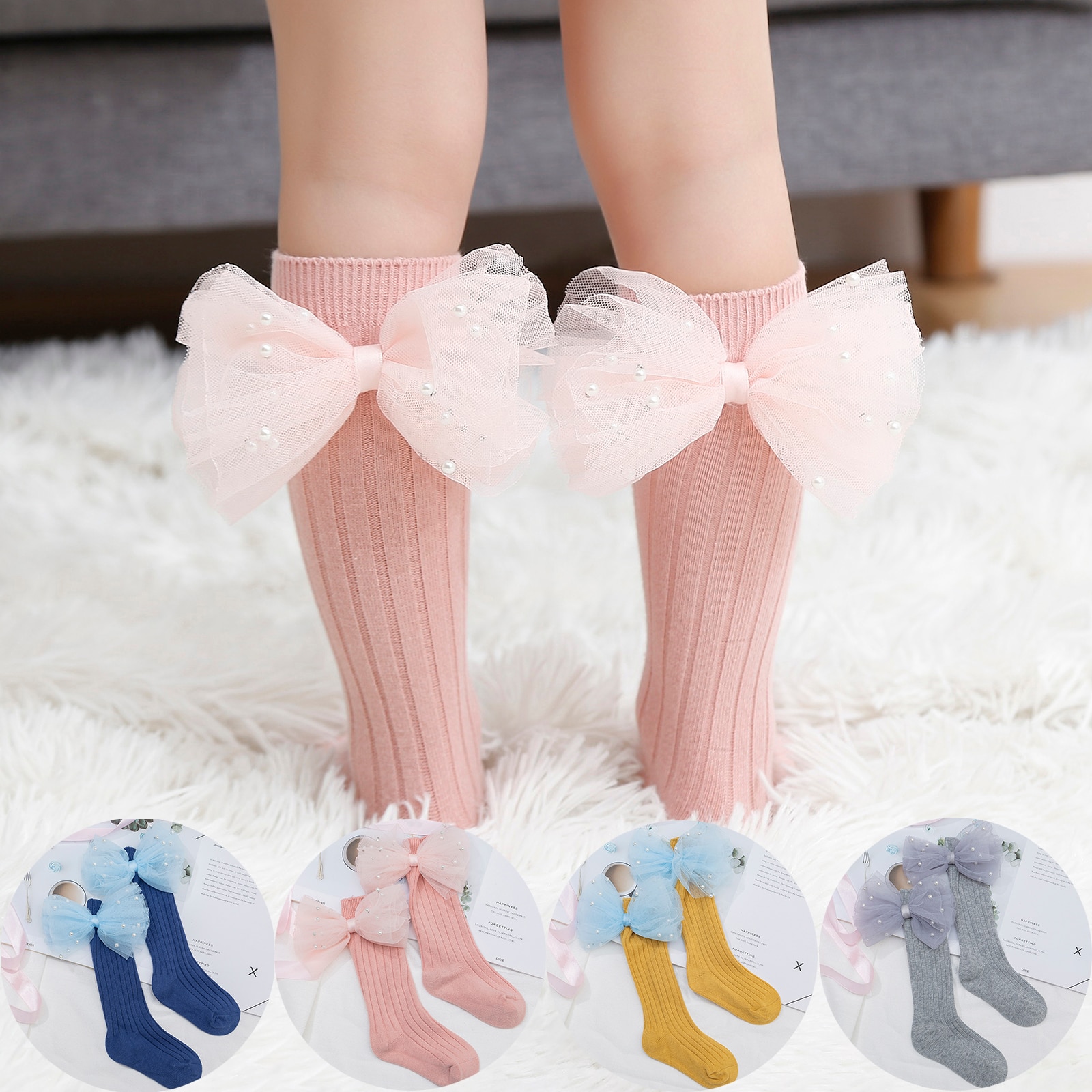 New Children's Socks With Beading Bows Toddlers Girls Knee High Sock Cotton Kids Long Socks School Infant Baby Sock 0-7Year