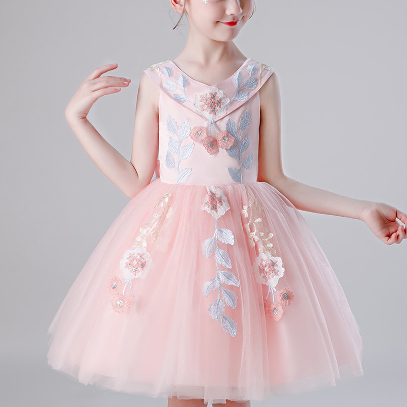 Kids Flower Girls Party Dresses V-neck Casual Princess Summer Girls Costumes Formal Dress Children's Tutu Elegant Dress dk1