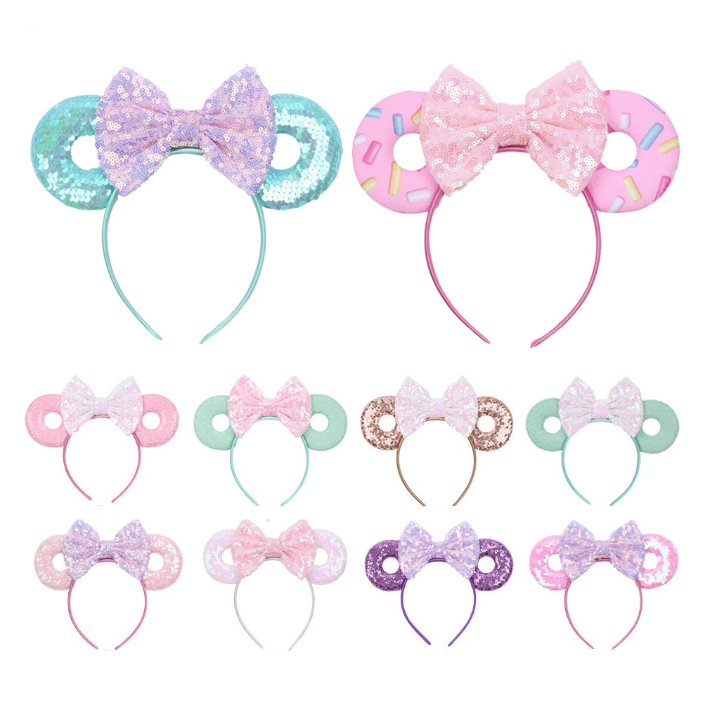 Minnie Ears Headband Sequin Mouse Ears Hairband Women Girls Sequin Bow Donut Ears Headband Kids Birthday Party Hair Accessories