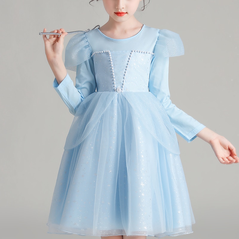 Kids Antumn Dresses For Girls Mesh Birthday Party Clothes Ice Snow Pattern Princess Flower Girls Dress Children's Tutu Dres