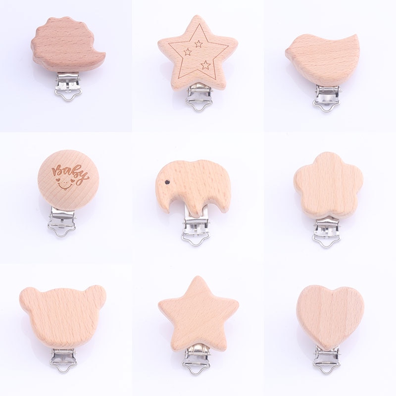 10Pcs Baby Teething Pacifier Chain Holder DIY Accesories 10Pcs/Lot Food Grade Beech Wooden Clip Animal Heart Shape Dummy Clip