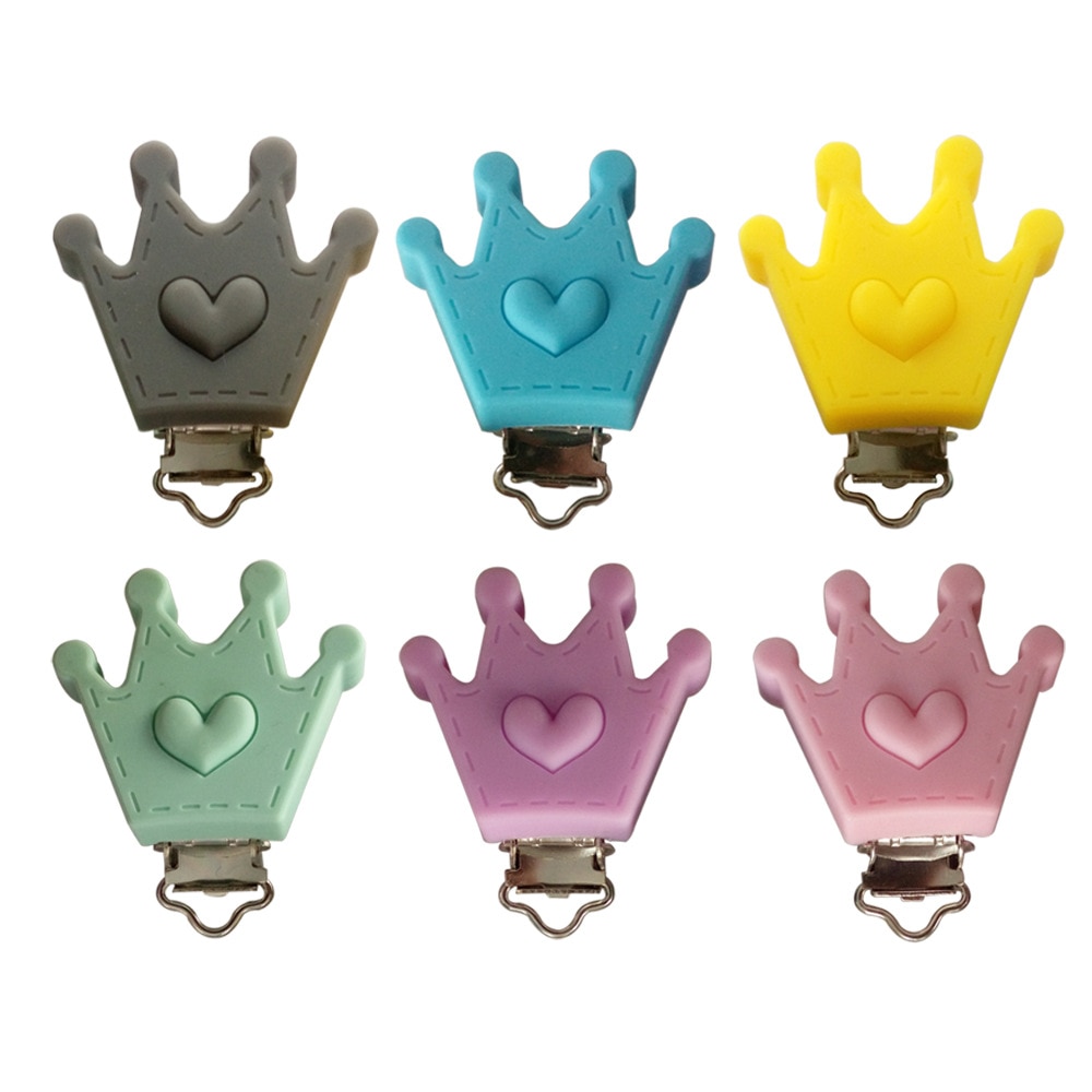 5Pcs/Lot BPA Free Silicone Crown Clip DIY Baby Dummy Teether Pacifier Heart Shape Chain Craft Clips Nurse Toy Accessories