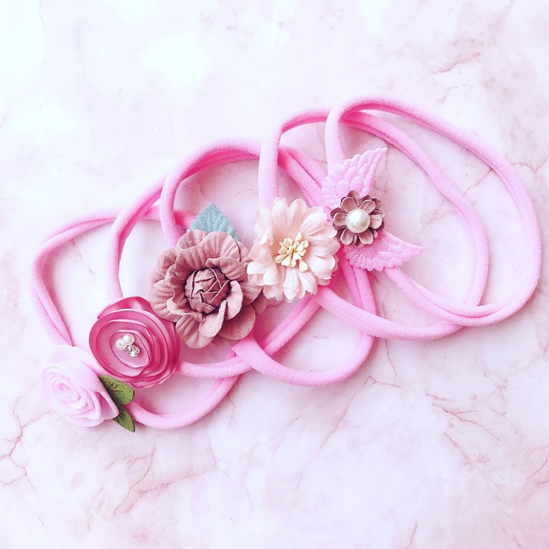 5pcs/lot Artificial Flowers Elastic Hairband Baby Girls Bowknot Nylon Headband Wings Headwear Hair Accessories for Newborn