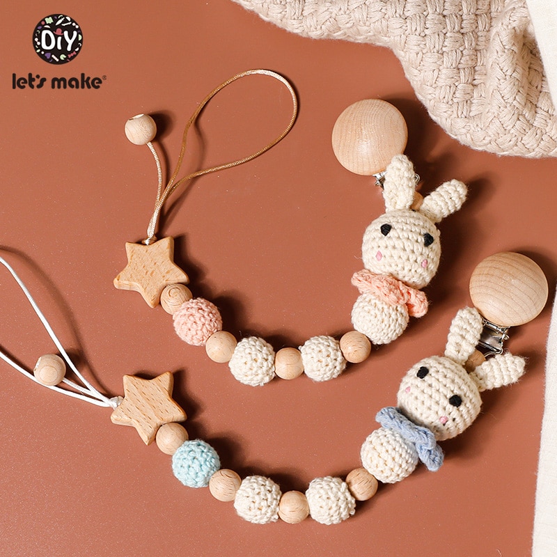Let's Make Pacifier Chain 1pc Baby Teeting Chains Crochet Rabbit Panda Beads Wooden Clips Wood Teether Tiny Rod Kids Dummy 