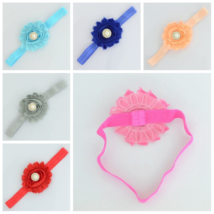5pcs/lot 6 CM Fashion Pearl Rhinestone Hairband Solid Color Chiffon Flower Headband One Hundred Days Baby Photography Headwear