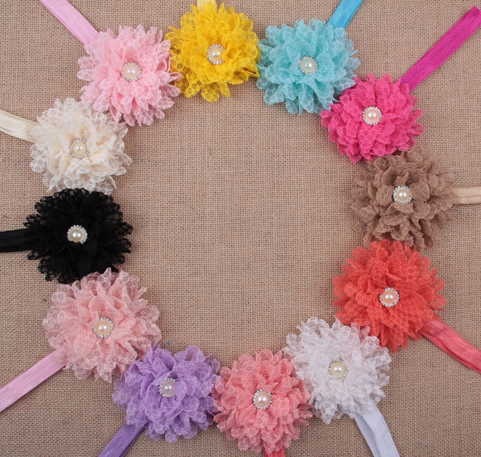 10 CM Handmade Lace Flower Elastic Headband Boutique Pearl Rhinestone Floral Infant Hairband Baby Accessories Party Decoration