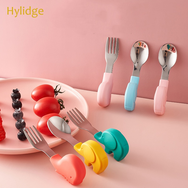 Colour Baby Spoon Fork Set Silicone Handle Feeding Tableware Set Infant Toddler Training Self Eating Food Supplement Utensils