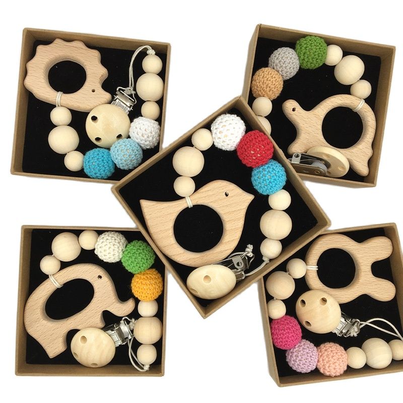 Baby Pacifier Clip Chain Teether Holder Nipples Children Cartoon Animals Food Grade Wooden Teethers Teething Newborn Infant Toy