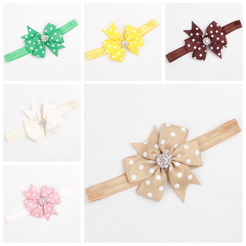 7.5*8 CM Grosgrain Ribbon Bows Headband with Dots Newborn Shining Rhinestone Bowknot Hairband Elastic Baby Headwear 20 Colors