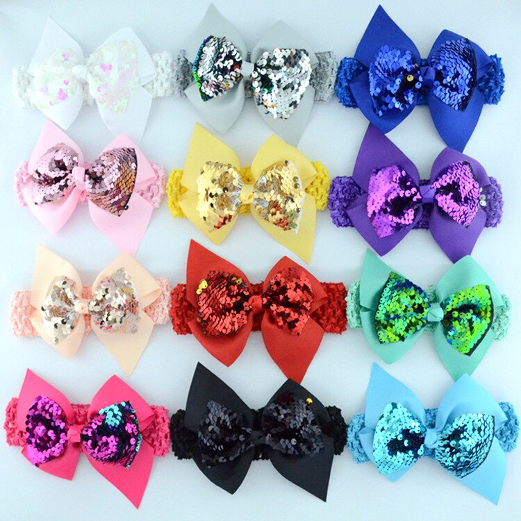 Solid Color Grosgrain Ribbon Bows Headband Newborn Crochet Elastic Hairband 12*12 CM Bowknot Children Headwear Photography Props