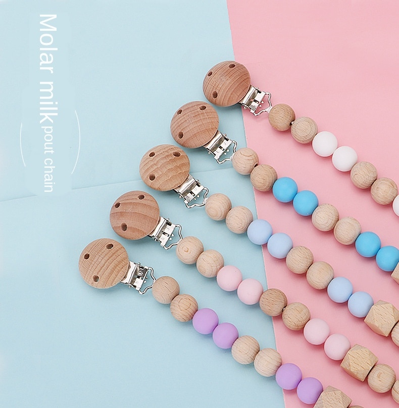 Baby Teething Toys, Wooden Teething Pacifier Chain, Silicone Anti-drop Belt, Beech Wood Silicone Pacifier Clip