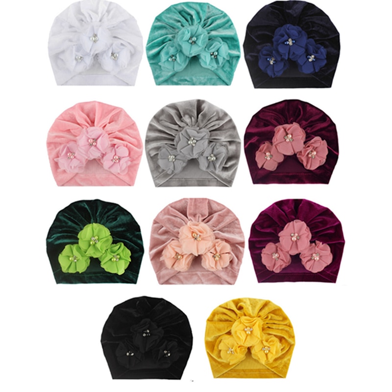 Three Hand Sewn Beads Flower Hat High Quality Velvet Baby Girls Caps Fashion Handmade Floral Bonnet Infant Accessories 11 Colors