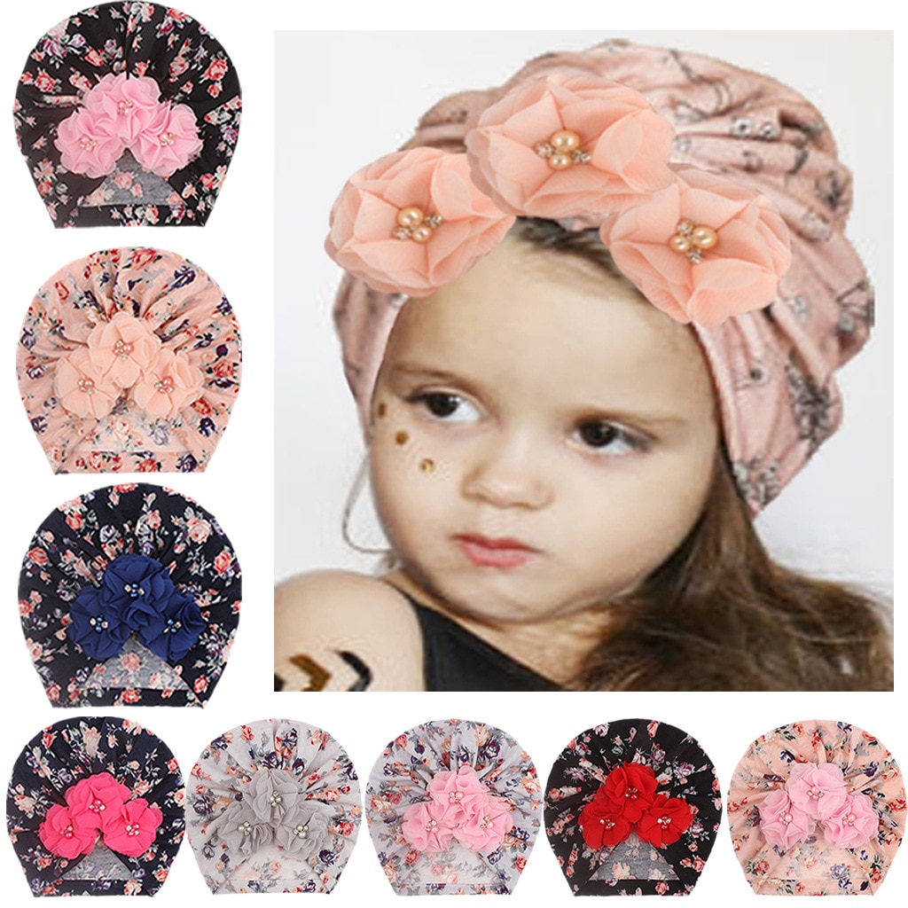 17*19 CM Printed Polyester Cotton Baby Girls Hats Fashion Handmade Flower Caps with Beads Keep Warm Outdoor Bonnet Kids Gifts