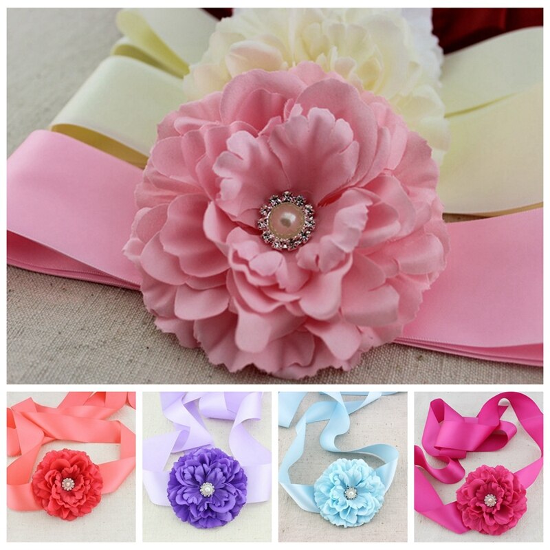 Fashion Handmade Peony Flower Sash Shining Pearl Rhinestone Floral Women Waistband Maternity Pregnancy Belly Belt 8 Colors