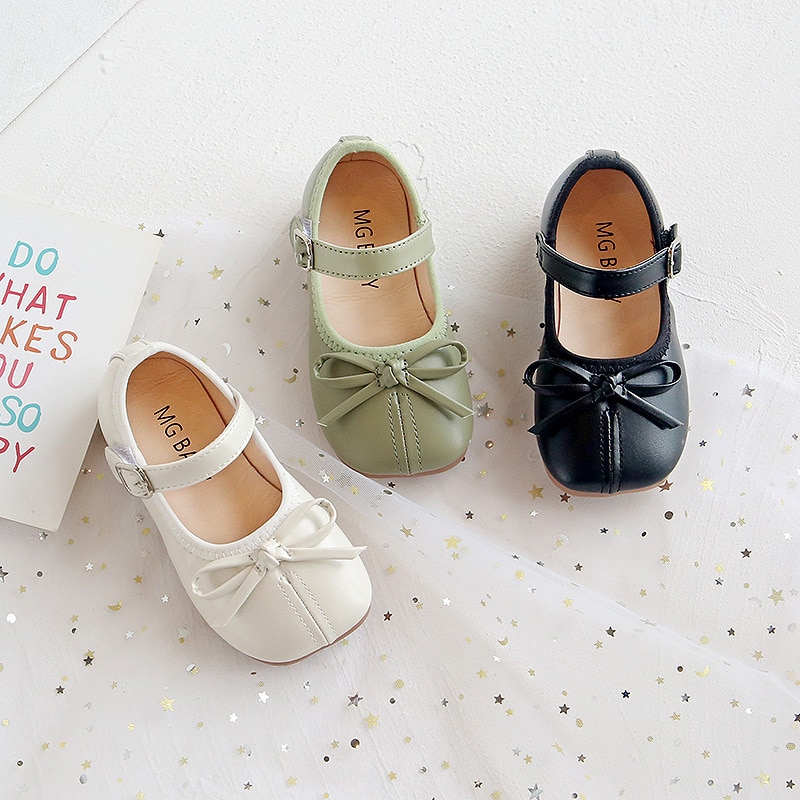 Girls Leather Shoes Princess Dress Shoes for Toddlers Kids Pearls Beading Bow-knot Black Green Pink for Wedding Children Flats